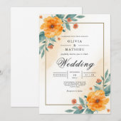Invitation Mariage d'arche fleurie orange chaud (Devant / Derrière)