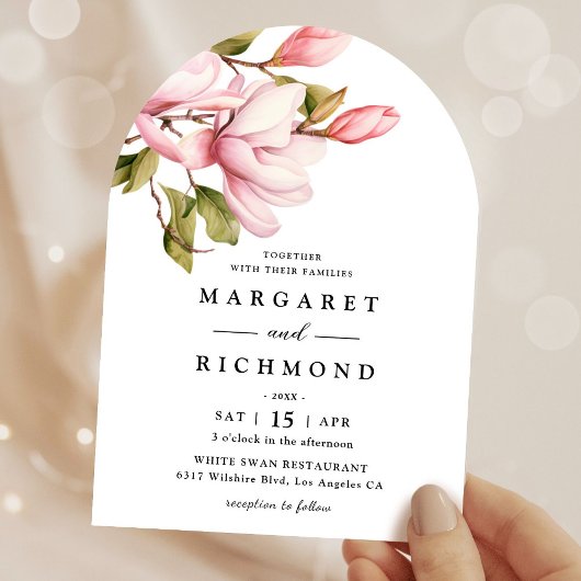 Invitation Mariage d'arche fleurie rose Magnolia