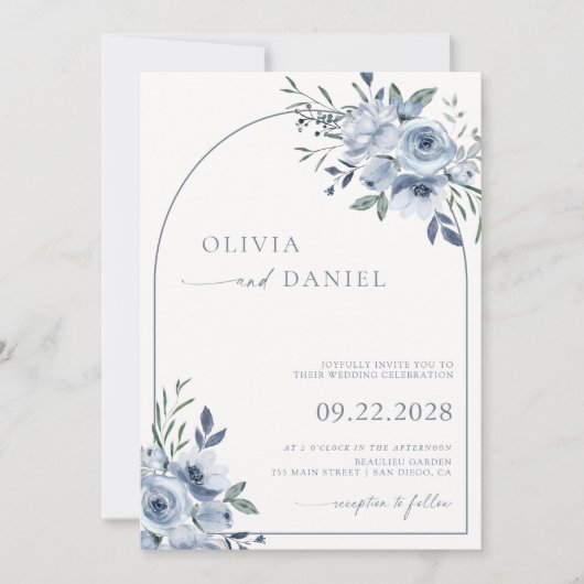 Invitation Mariage d'arche florale bleu-dusté (Devant)
