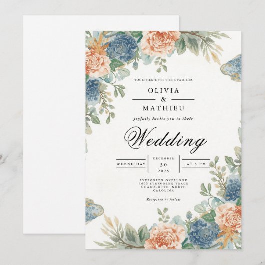 Invitation Mariage d'arche florale bleu pâle (Devant / Derrière)