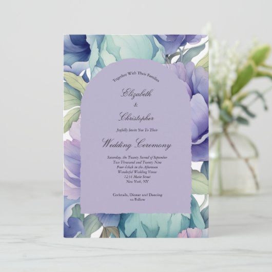 Invitation Mariage d'arche florale bleu violet (Debout devant)
