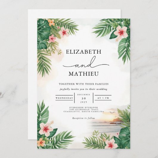 Invitation Mariage d'arche florale de palme vibrant (Devant / Derrière)