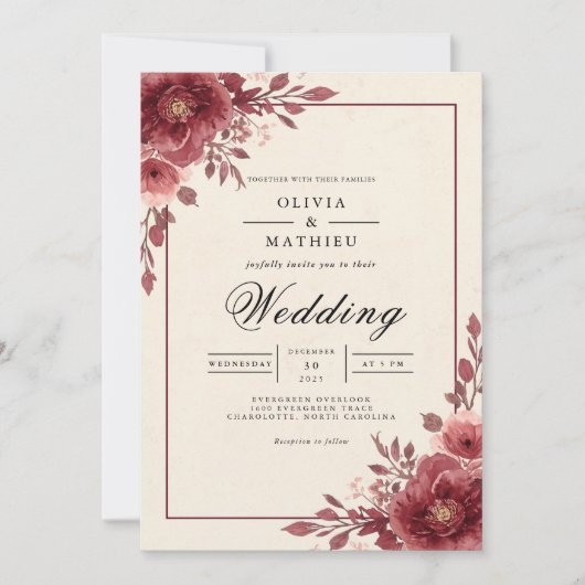 Invitation Mariage d'arche florale de prune poussiéreuse (Devant)