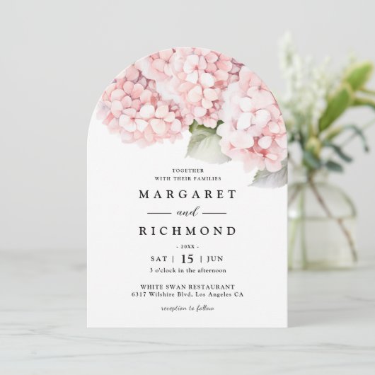 Invitation Mariage d'arche florale rose pâle Hydrangea (Debout devant)