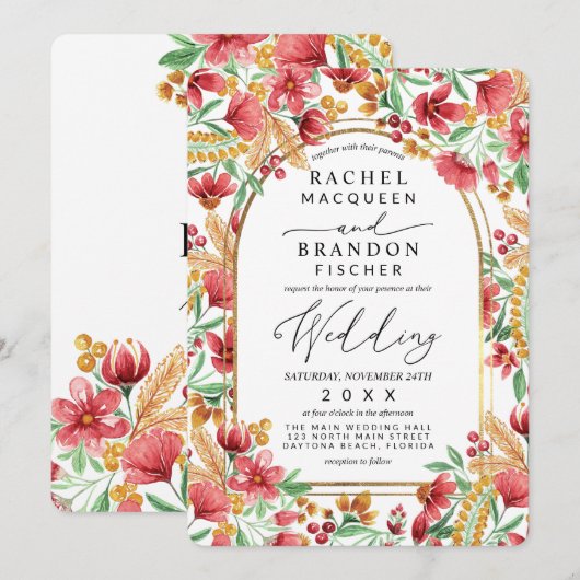 Invitation Mariage d'arche florale rose vif jaune or (Devant / Derrière)