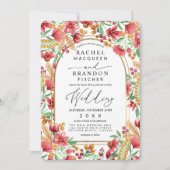 Invitation Mariage d'arche florale rose vif jaune or (Devant)