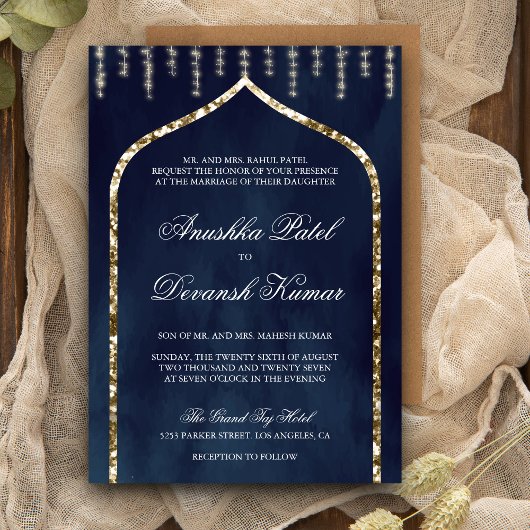 Invitation Mariage d'arche indienne ethnique de la Marine Blu