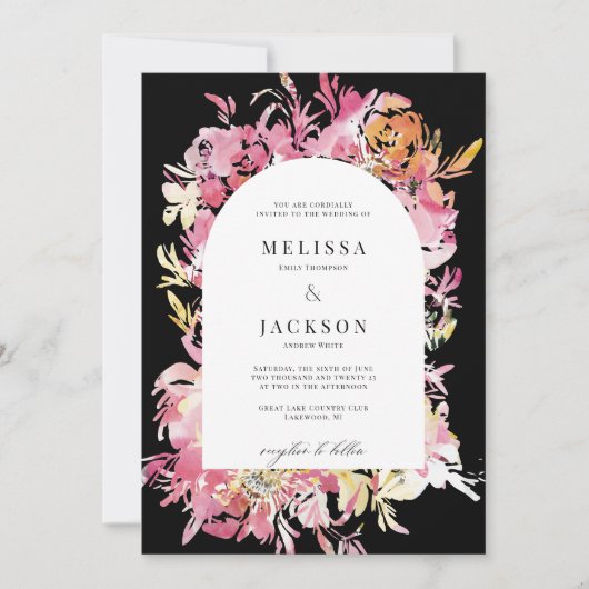 Invitation Mariage d'arche noire rose et blush (Devant)