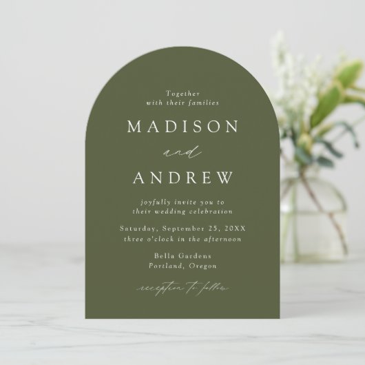 Invitation Mariage d'arche photo moderne élégant Olive Green (Debout devant)