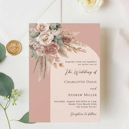 Invitation Mariage d'arche rose de la pampa sauge beige
