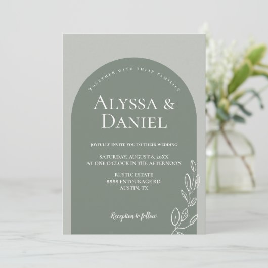 Invitation Mariage d'arche simple en vert Sage moderne (Debout devant)