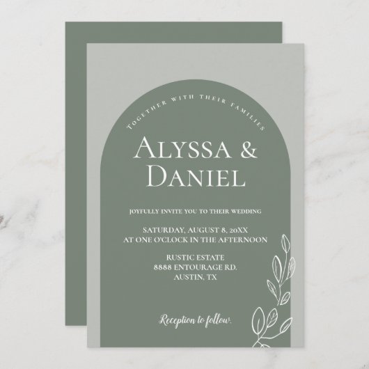 Invitation Mariage d'arche simple en vert Sage moderne (Devant / Derrière)