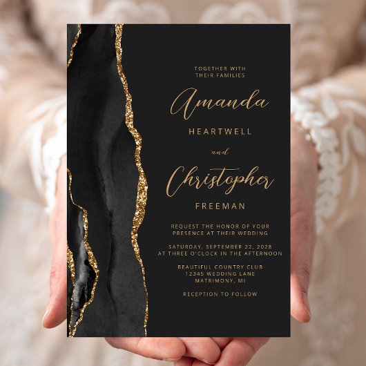 Invitation Mariage d'ardoise de script d'agate d'or noir mode
