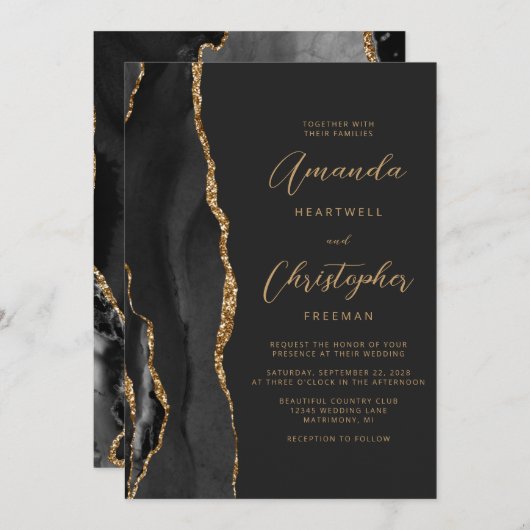 Invitation Mariage d'ardoise de script d'agate d'or noir mode (Devant / Derrière)