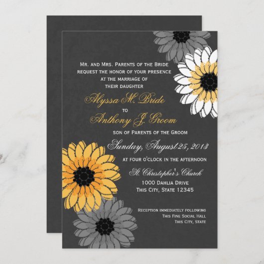 Invitation Mariage d'ardoise et de fleurs gris et jaunes (Devant / Derrière)