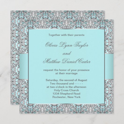 Invitation Mariage d'argent bleu turquoise (Devant / Derrière)