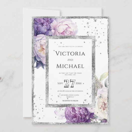 Invitation Mariage d'argent élégant de Peony Floral violet (Devant)