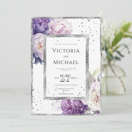Invitation Mariage d'argent élégant de Peony Floral violet (Debout devant)