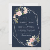 Invitation Mariage d'argent fleuri floral marine et bleu (Devant)
