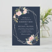 Invitation Mariage d'argent fleuri floral marine et bleu (Debout devant)