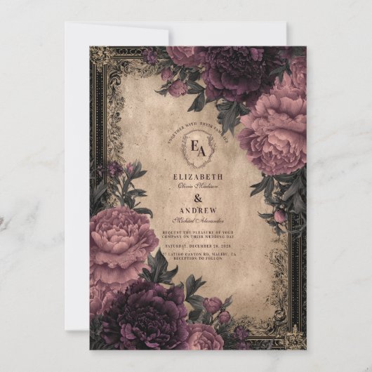 Invitation Mariage Dark Romance Plum Peony (Devant)