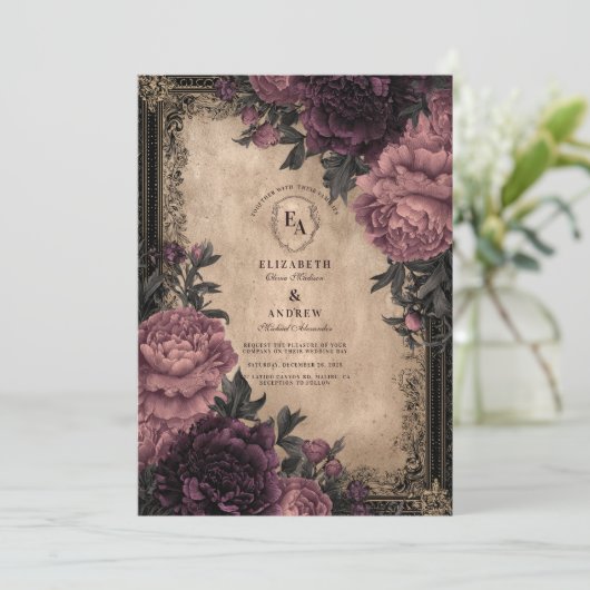 Invitation Mariage Dark Romance Plum Peony (Debout devant)