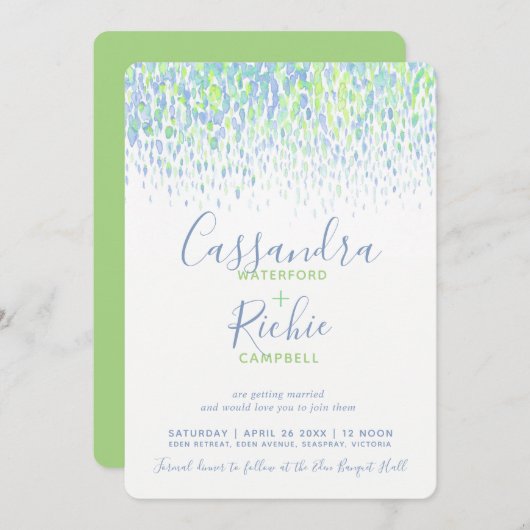Invitation Mariage d'art bleu vert cascade (Devant / Derrière)