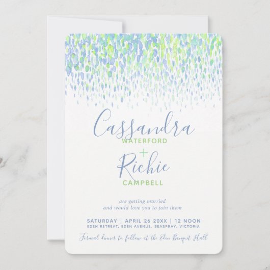 Invitation Mariage d'art bleu vert cascade (Devant)