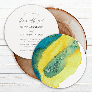 Invitation Mariage d'art chic bleu jaune Aquarelle