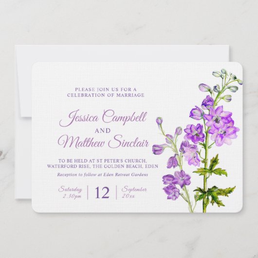 Invitation Mariage d'art de l'aquarelle violette de Delphiniu (Devant)