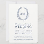 Invitation Mariage d'art de ligne ovale feuille bleu et blanc (Devant)