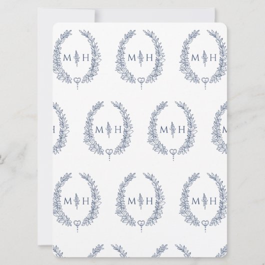 Invitation Mariage d'art de ligne ovale feuille bleu et blanc (Dos)