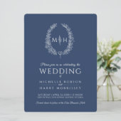 Invitation Mariage d'art de ligne ovale feuille bleu et blanc (Debout devant)