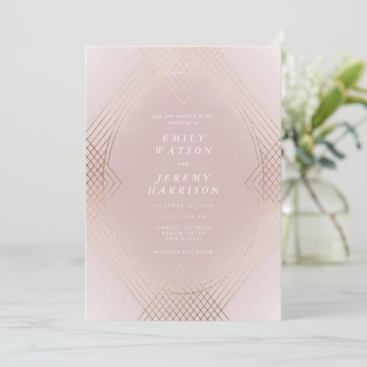 Invitation Mariage d'Art Déco Géométrique Art Déco rose Or (Debout devant)