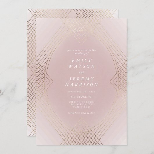 Invitation Mariage d'Art Déco Géométrique Art Déco rose Or (Devant / Derrière)