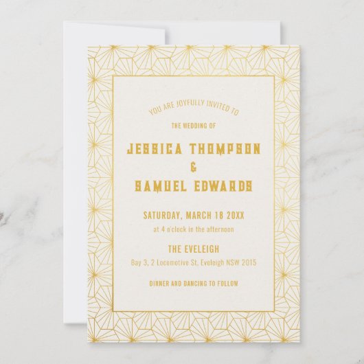 Invitation Mariage d'art déco géométrique or et blanc (Devant)