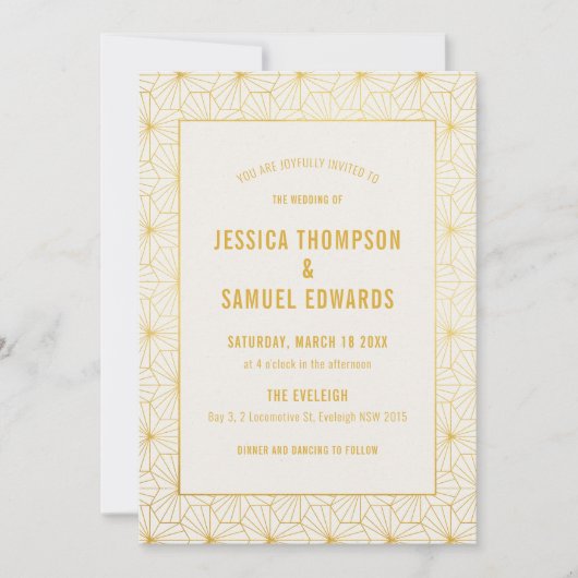 Invitation Mariage d'art déco géométrique or et blanc (Devant)
