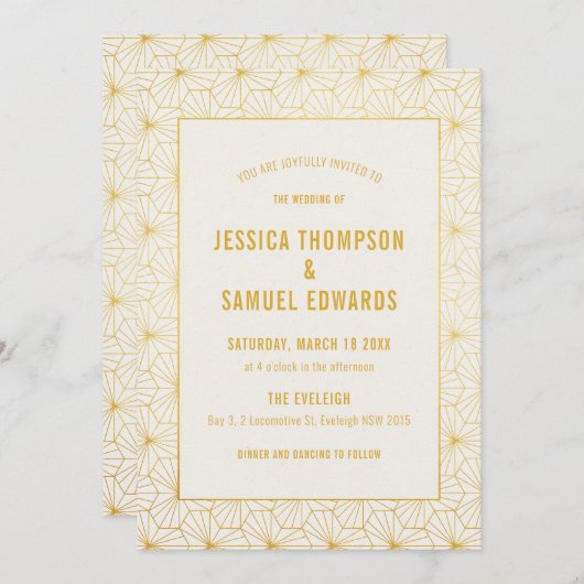 Invitation Mariage d'art déco géométrique or et blanc (Devant / Derrière)