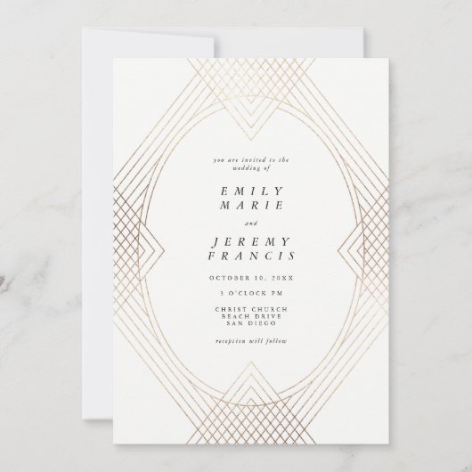 Invitation Mariage d'Art Déco Géométrique Ovale Blanc Or (Devant)