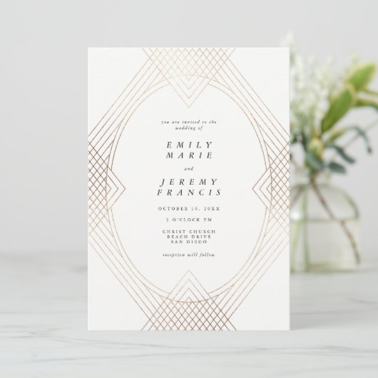 Invitation Mariage d'Art Déco Géométrique Ovale Blanc Or (Debout devant)