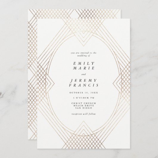 Invitation Mariage d'Art Déco Géométrique Ovale Blanc Or (Devant / Derrière)