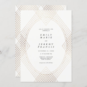 Invitation Mariage d'Art Déco Géométrique Ovale Blanc Or