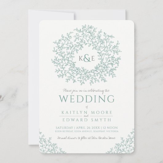 Invitation Mariage d'art en monogramme à feuilles vertes (Devant)