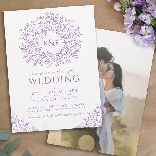 Invitation Mariage d'art en monogramme de feuille à main viol