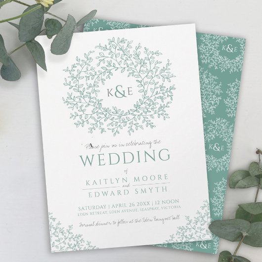 Invitation Mariage d'art en monogramme gris vert