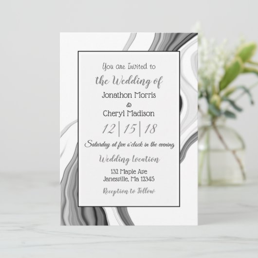 Invitation Mariage d'art fluide noir et Marbre blanc (Debout devant)