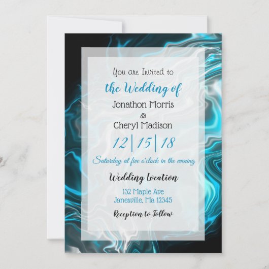 Invitation Mariage d'art fluides en marbre bleu et noir (Devant)