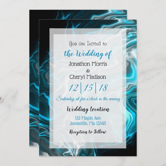 Invitation Mariage d'art fluides en marbre bleu et noir (Devant / Derrière)