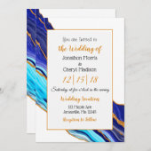 Invitation Mariage d'art fluides en marbre bleu et or (Devant / Derrière)
