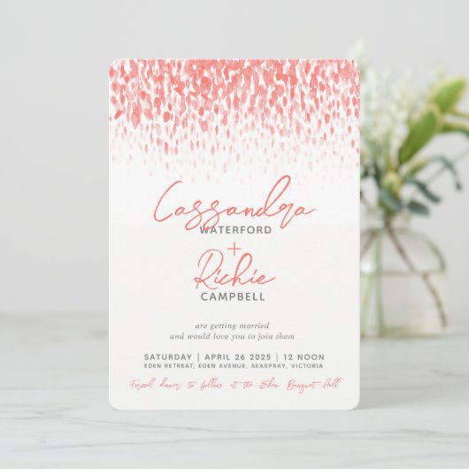 Invitation Mariage d'art gris corail vivant en cascade (Debout devant)